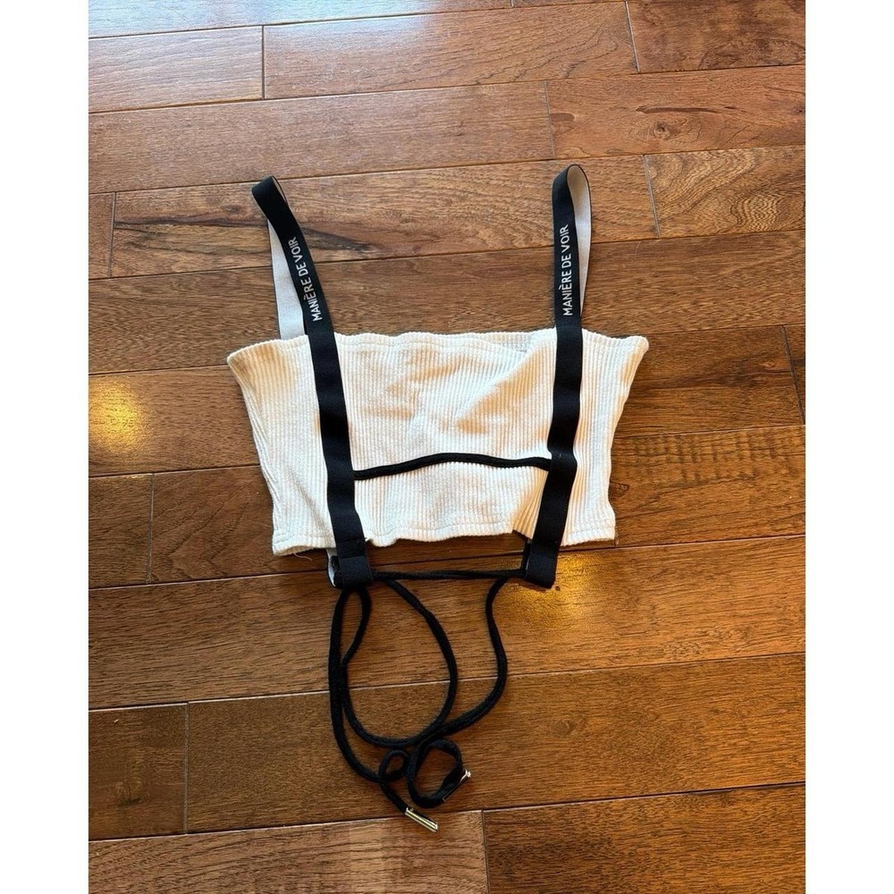 MANIERE DE VOIR White Ribbed Crop Top with Black Straps Size 6